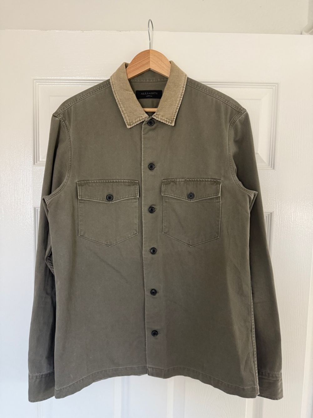 All Saints Olive Shirt Jacket with Tan Corduroy Collar